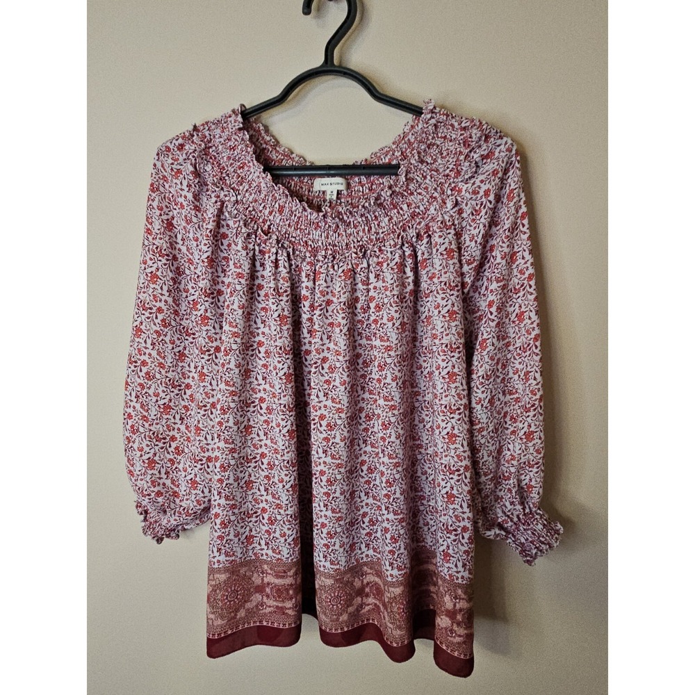 Max Studio Blouse Medium Red Burgundy Pink Floral Boho Cottage Smocked Ruffle